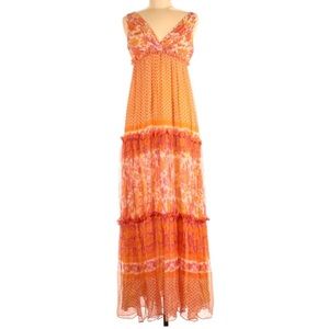 Timeless Naeem Kahn Silk Chiffon Tiered Floral Maxi Dress Orange Pink 4